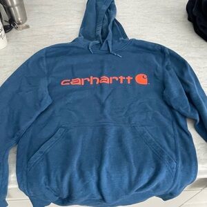 Carhartt Blue Hoodie with Bold Orange Logo. Men’s small